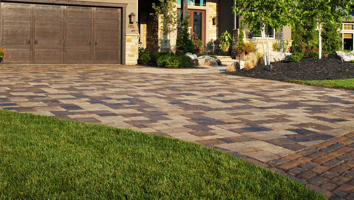 Checkered-pattern paver driveway at home in San Jose, CA.